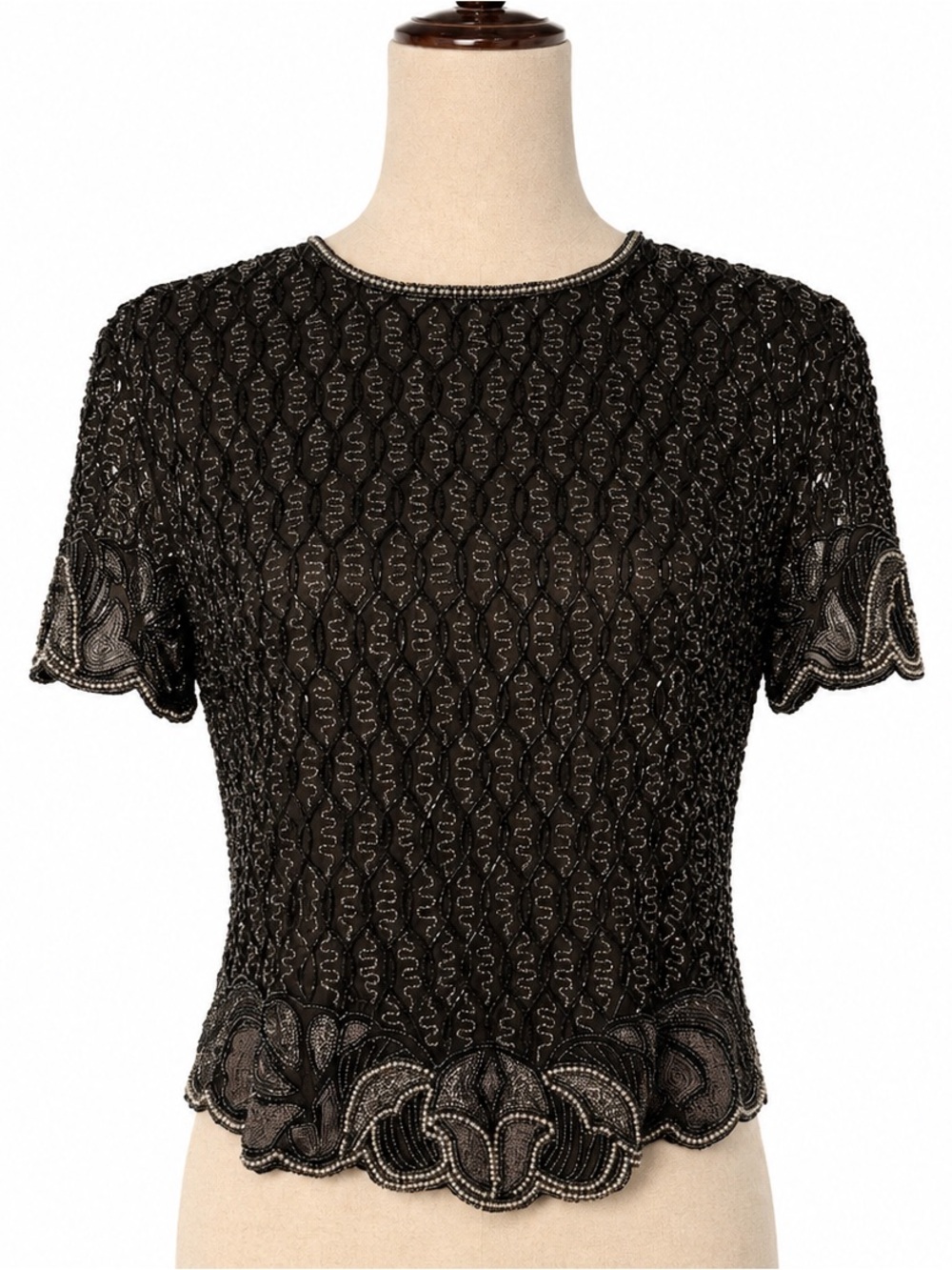 Intricately beaded vintage top, floral, zip. Glam 80s evening or dress down-S
